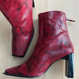 Stuart Weitzman Apollo Red and Black Snakeskin High Heel Ankle Boots, size 6